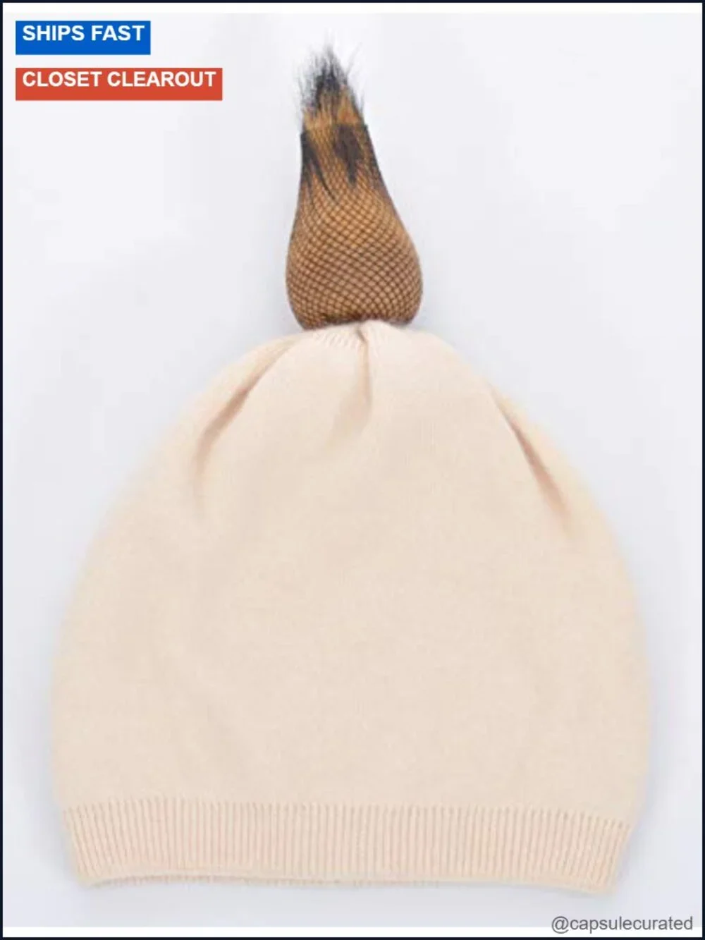 Wool Blend Cashmere Real Fur Pom Pom Slouchy Knit Beanie Hat